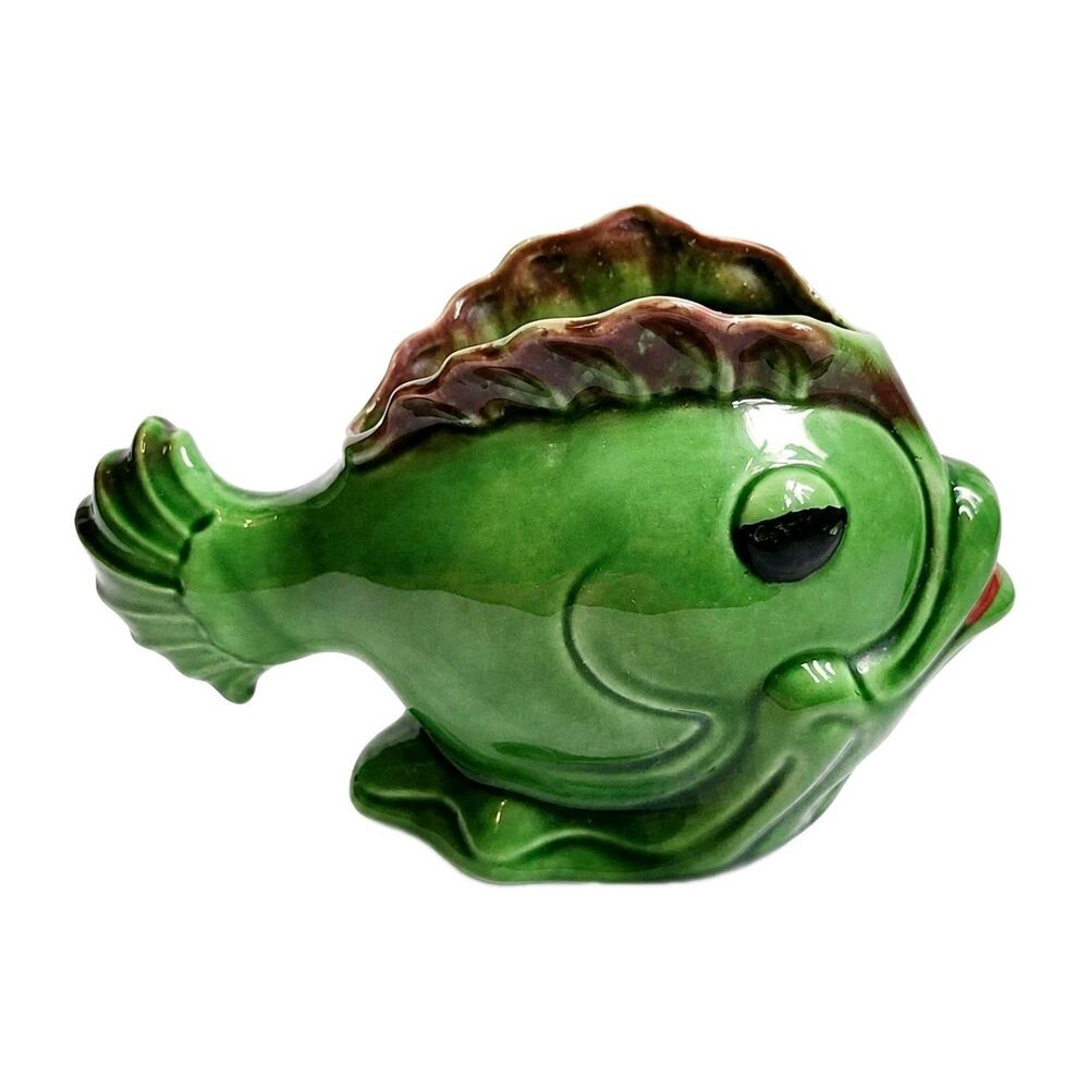 VNTG Green Fish Planter Vase Retro Coastal Pot Ceramic Mid Century Whimsical